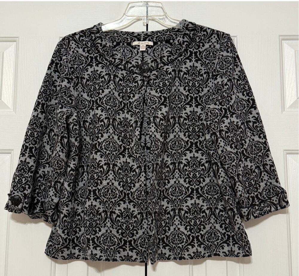 JM Collection Gray Damask Print 3/4 Sleeve Button Cardigan Sweater, Size XL